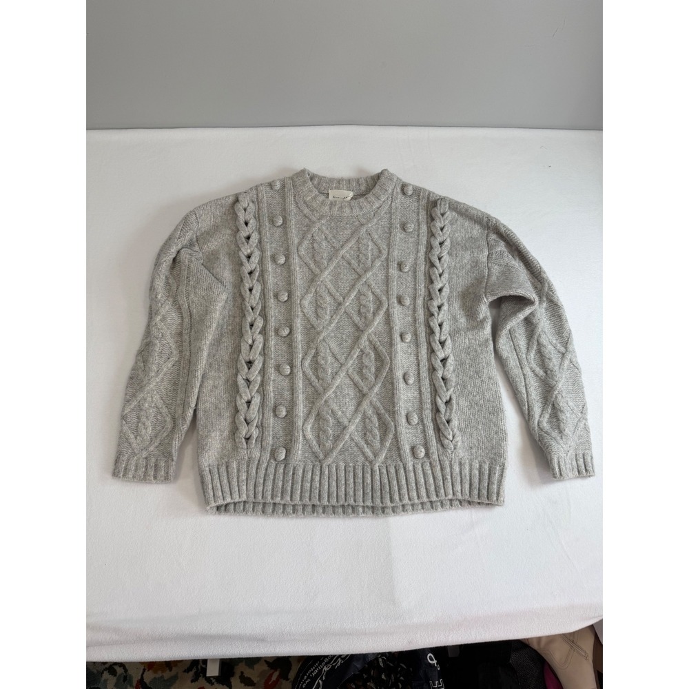 Line and Dot Sweater Womens Small Gray Cable Knit Pom Bobble Wool Blend Preppy